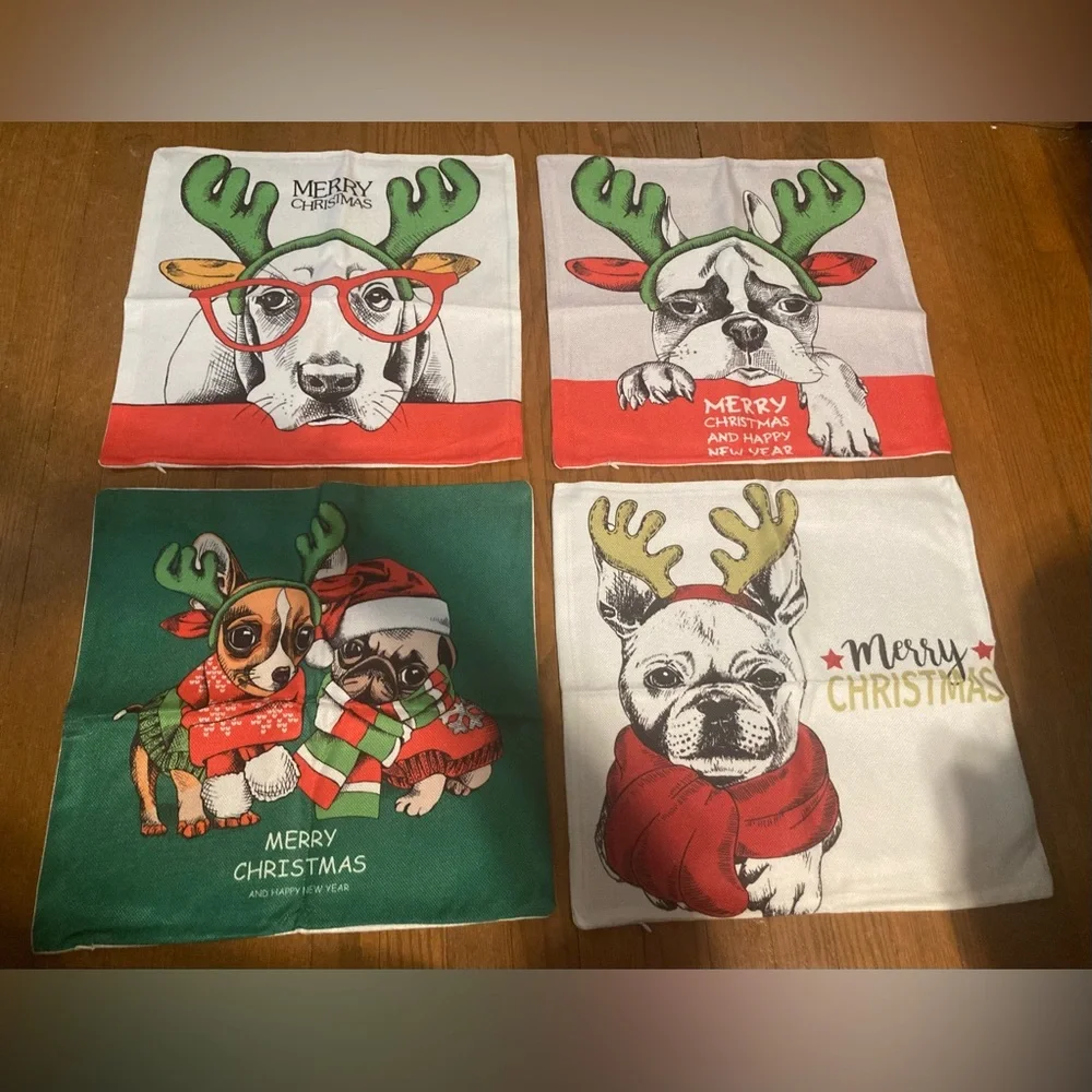 Pillow Covers Winter Christmas Dog Themed Set of 4 17.5